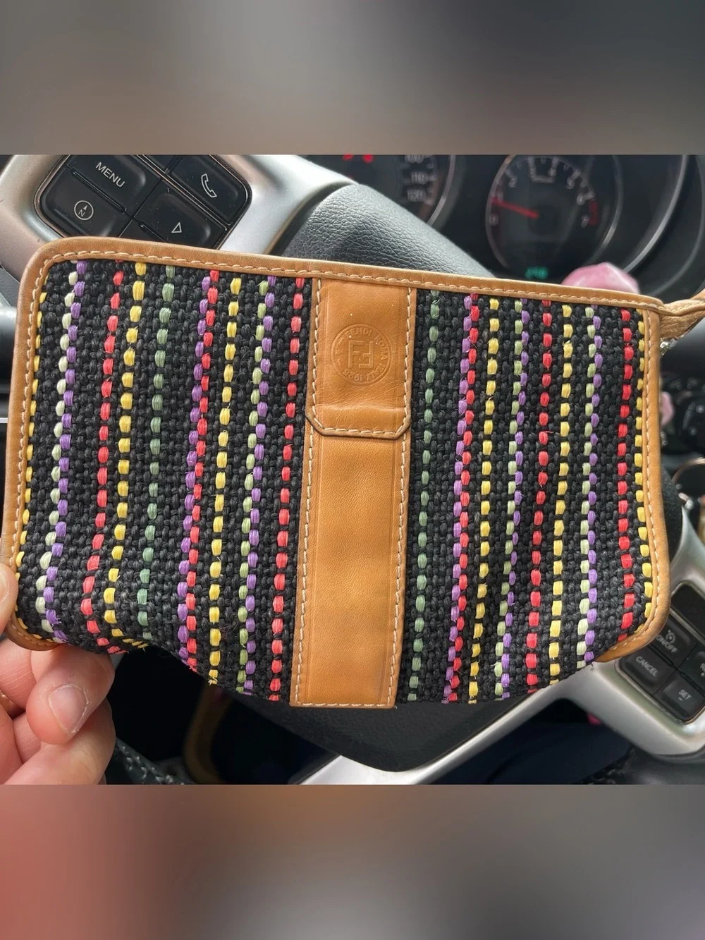 Fendi Black Woven Raffia Clutch with Tan Leather Trim and Multicolor Stitching